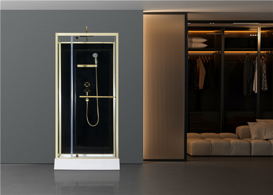 Pintu Pivot Mode ， Kios Pancuran Sudut, Kabin Pancuran Persegi dengan baki akrilik putih ， aluminium emas
